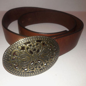 Eddie Bauer Women Belt Brown Leather Floral Buckle